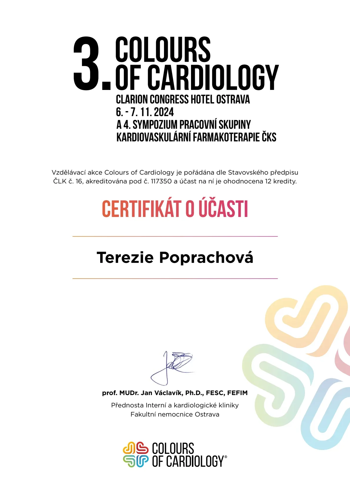 Certifikát Terezie Poprachové za účast na Colours of Cardiology 2024