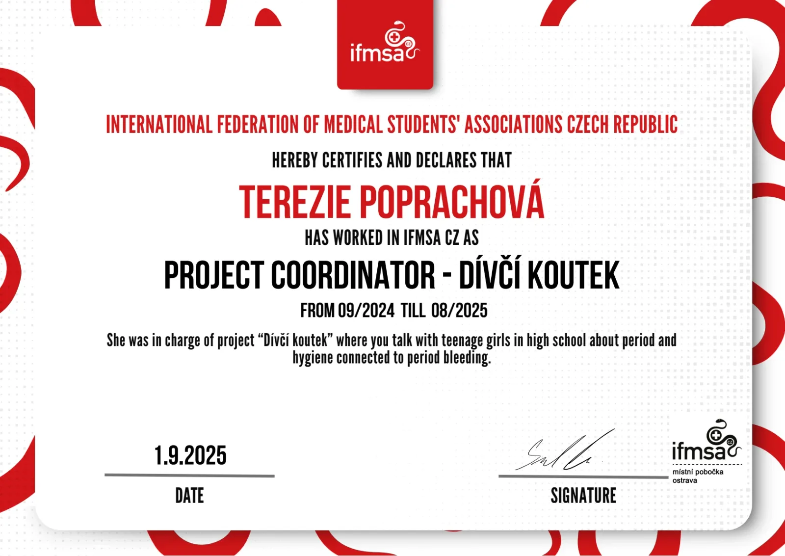 Certifikát IFMSA CZ potvrzující vedení projektu Dívčí koutek Terezií Poprachovou