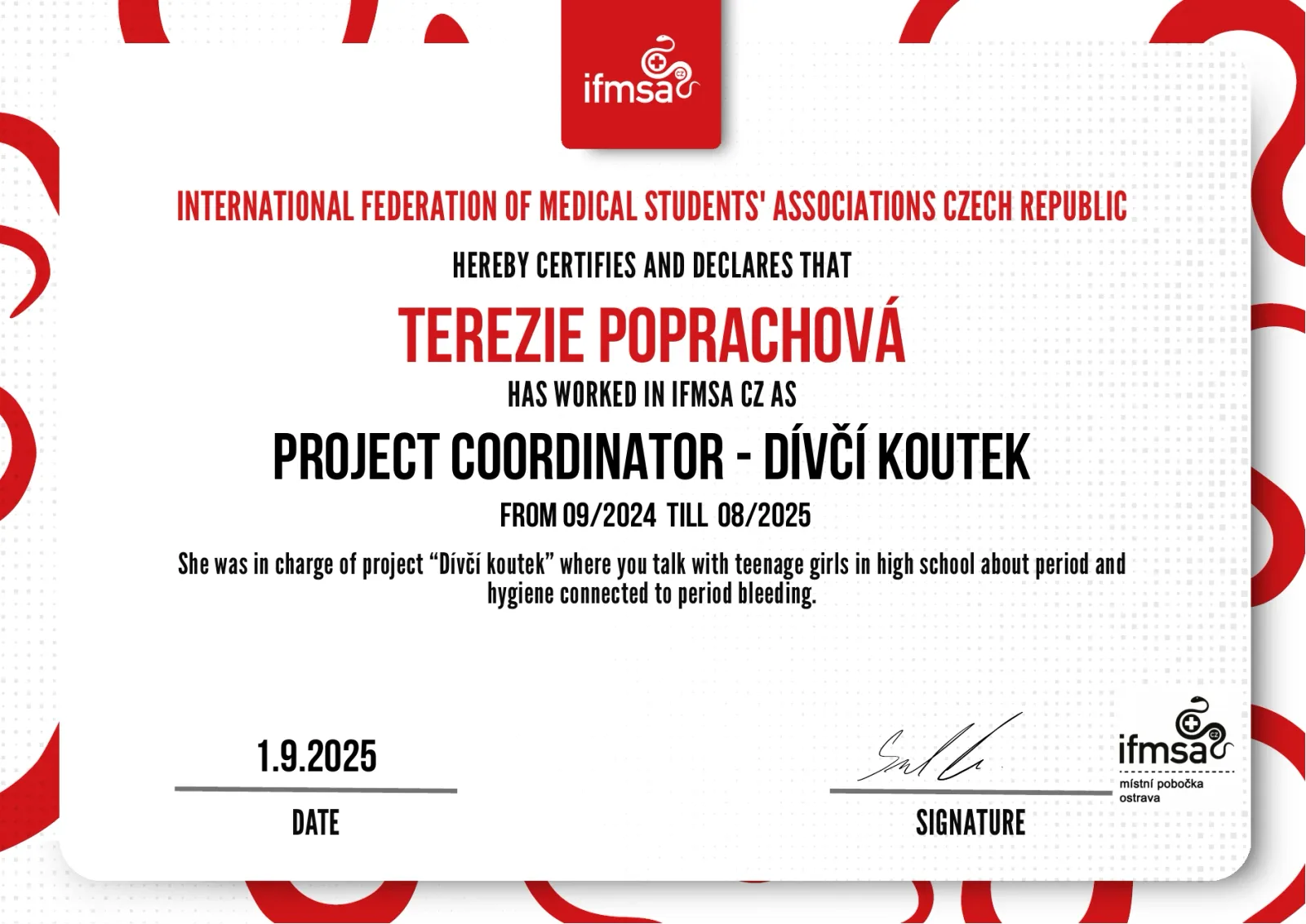 Certifikát IFMSA CZ potvrzující vedení projektu Dívčí koutek Terezií Poprachovou