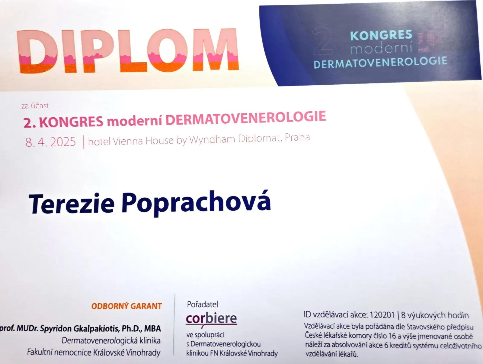 Diplom Terezie Poprachové za účast na 2. kongresu moderní dermatovenerologie