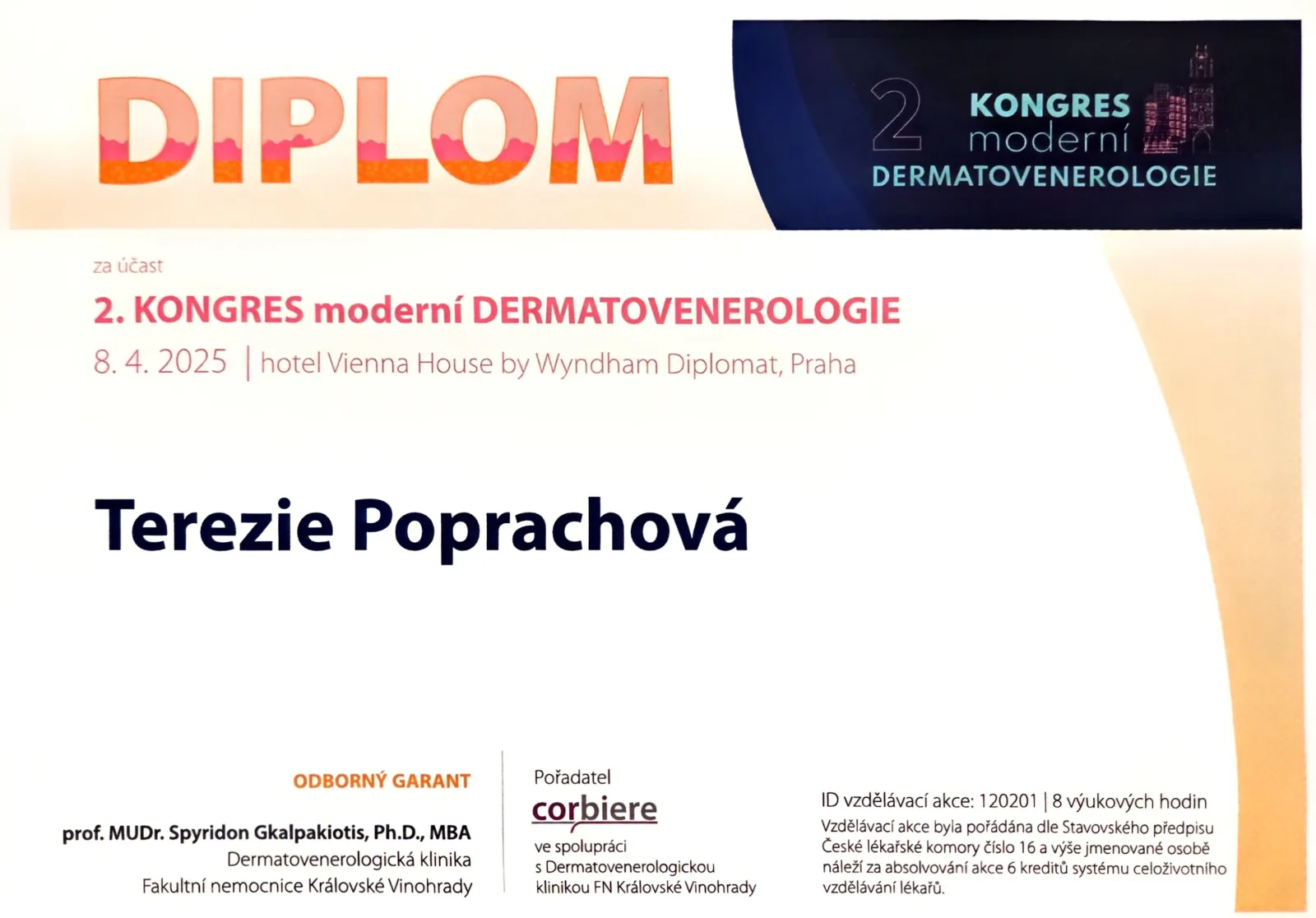 Diplom Terezie Poprachové za účast na 2. kongresu moderní dermatovenerologie