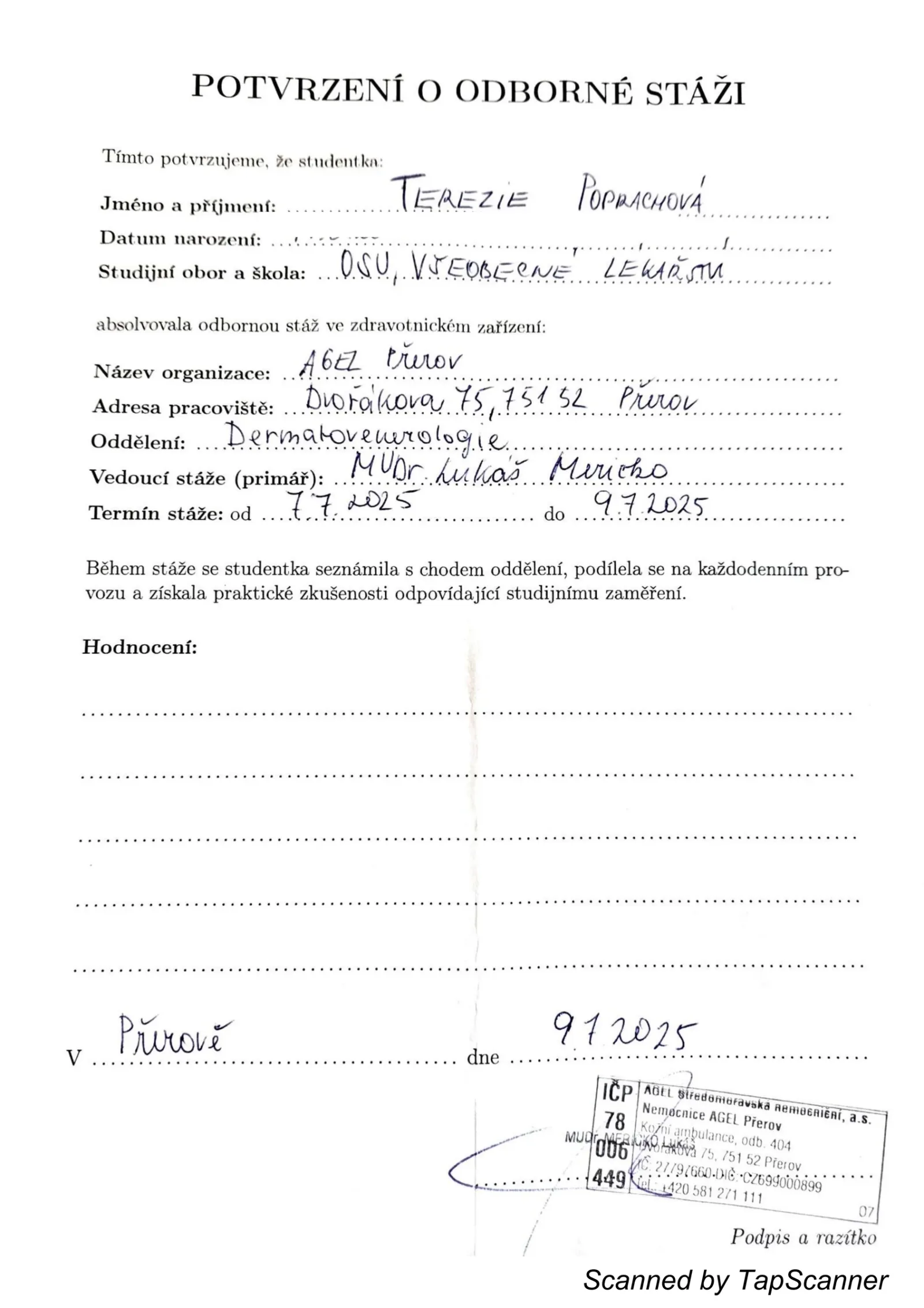Potvrzení o odborné stáži Terezie Poprachové v Nemocnici AGEL Přerov s redigovaným datem narození