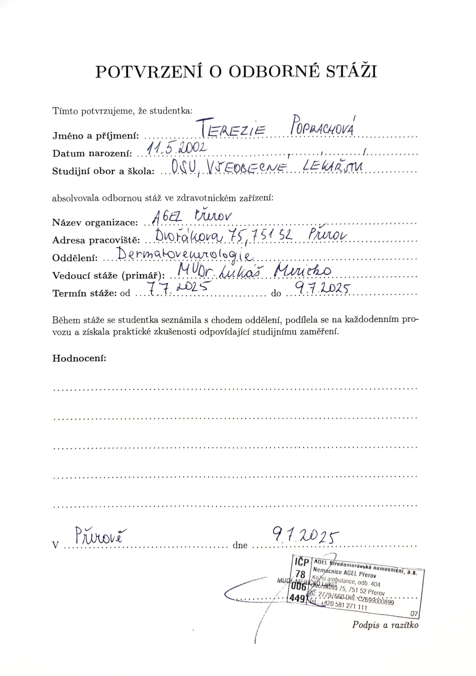 Potvrzení o odborné stáži Terezie Poprachové v Nemocnici AGEL Přerov s redigovaným datem narození