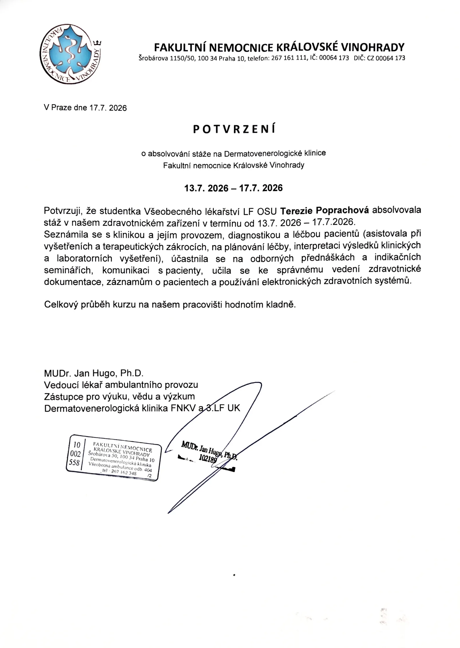 Potvrzení Terezie Poprachové o odborné stáži na Dermatovenerologické klinice Fakultní nemocnice Královské Vinohrady